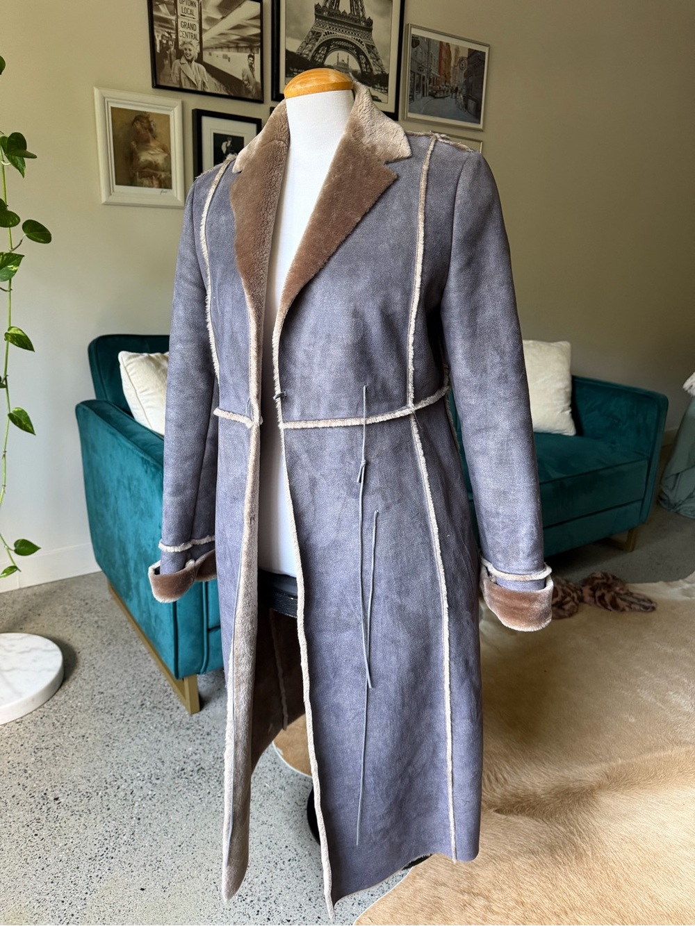 Gray Shearling Long Coat - Women's Faux Suede Winter Coat